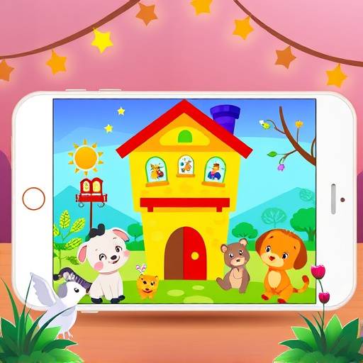 Interface van een educatieve app voor kinderen met kleurrijke illustraties.